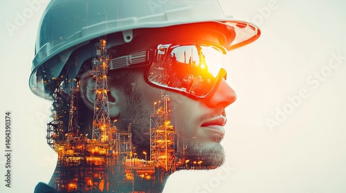 Professional engineer with safety gear and industrial landscape overlay