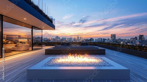 Modern Rooftop Terrace With Fire Pit and City Skyline at Sunset