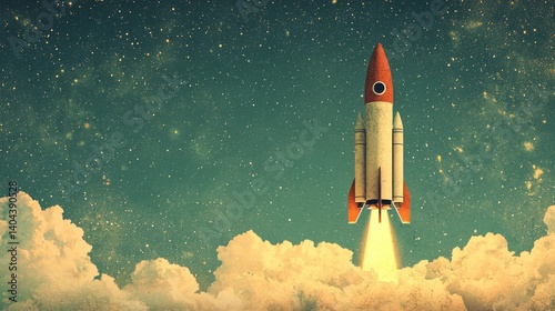 Vintage Style Rocket Launching into a Starry Sky Above the Clouds