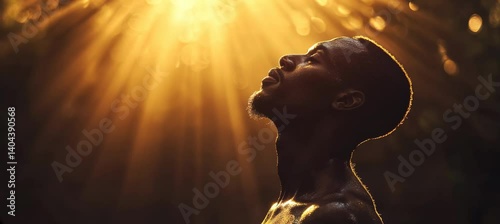 Black African American in peace with heaven light. Religion belief faith worship. Generative video AI technology.