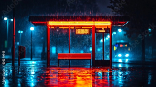 Lonely bus shelter illuminated by neon lights in the rain at night