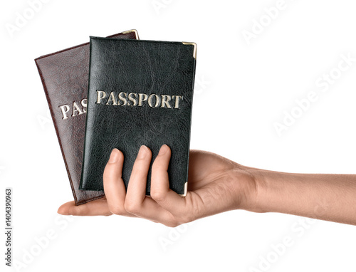 Female hand with passports on white background, closeup