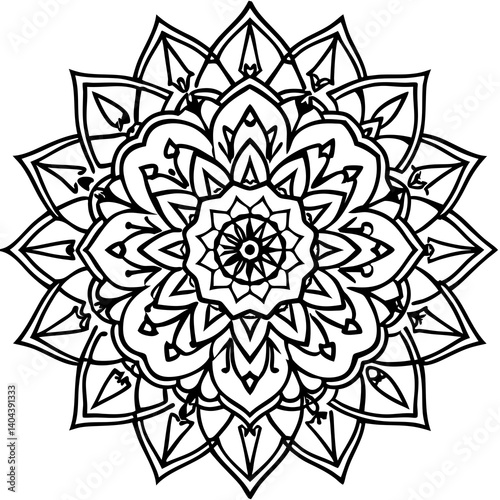Intricate Mandala Design: A captivating black and white mandala design with intricate details and symmetrical patterns, creating a mesmerizing visual experience for meditation and relaxation.
