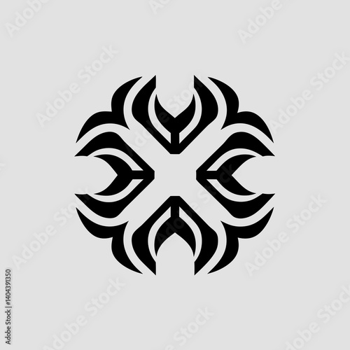 Elegant Geometric Symbol: A striking black and white geometric symbol, designed with intricate curves and symmetry, representing balance and visual harmony.