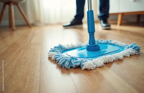Close-up of blue mop on wooden floor during apartment cleaning. Pro cleaner worker washes hardwood parquet, keeping home hygiene. Man doing housework job, domestic service.