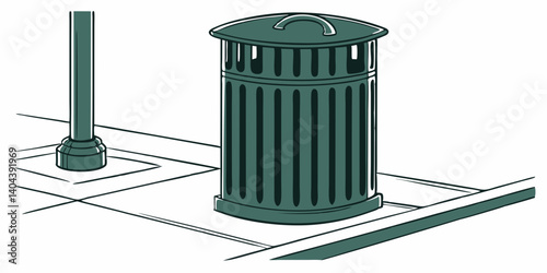 Vector Clean dark green Trash Can. Garbage Collection recycling trash can for waste disposal and environmental cleanliness.
