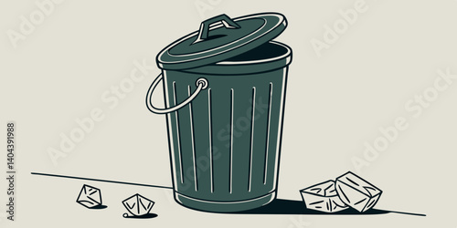 Vector Clean dark green Trash Can. Garbage Collection recycling trash can for waste disposal and environmental cleanliness.
