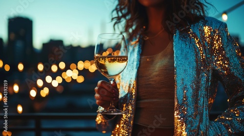 Sparkling Evening with Wine in Stylish Urban Setting at Dusk