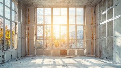 Bright Sunlight Streaming Through Large Windows in Empty Room Interior