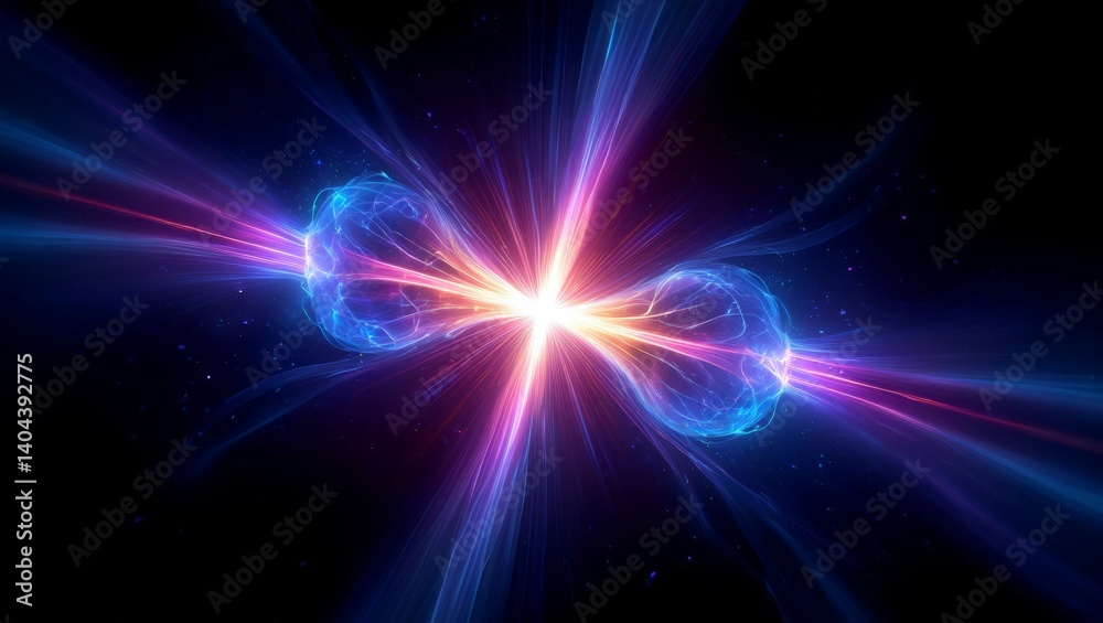 Naklejka premium A digital artwork of two energy spheres colliding in space, releasing light and shockwaves. Represents nuclear reactions, quantum physics, and the origin of matter.