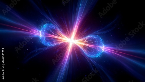 A digital artwork of two energy spheres colliding in space, releasing light and shockwaves. Represents nuclear reactions, quantum physics, and the origin of matter.