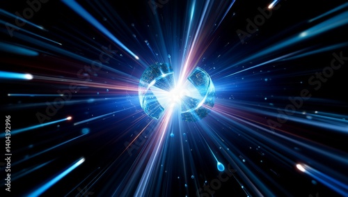 A digital illustration of a nuclear annihilation reaction, where matter and antimatter collide, creating a burst of energy with glowing light, particles, and spherical debris in space.