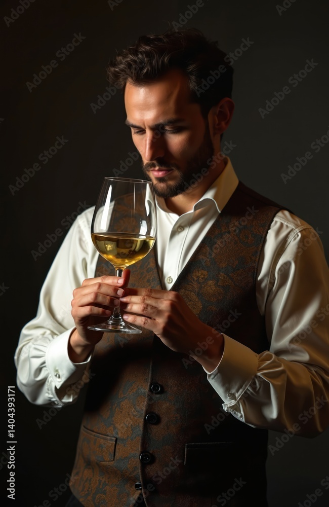 Handsome sommelier man with a glass white wine. He is tasting, enjoying aroma beverage. Adult male person in shirt, vest in wine bar, restaurant. Tasting, luxury, celebration concept. Handsome sommelier man with a glass white wine. He is tasting, enjoying aroma beverage. Adult male person in shirt, vest in wine bar, restaurant. Tasting, luxury, celebration concept.