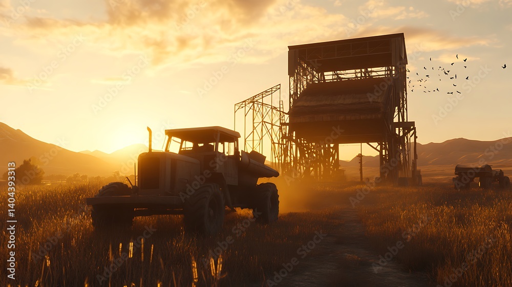 Fototapeta premium Rusty tractor at sunset, dusty field, grain elevator