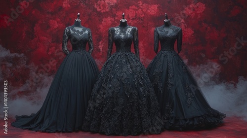 Elegant Black Dresses Display Against Red Floral Background
