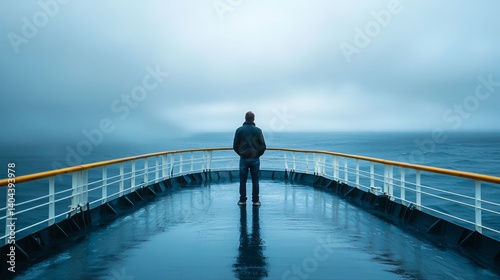 Man Standing Alone on a Ship Deck Facing Calm Ocean and Atmospheric Skies