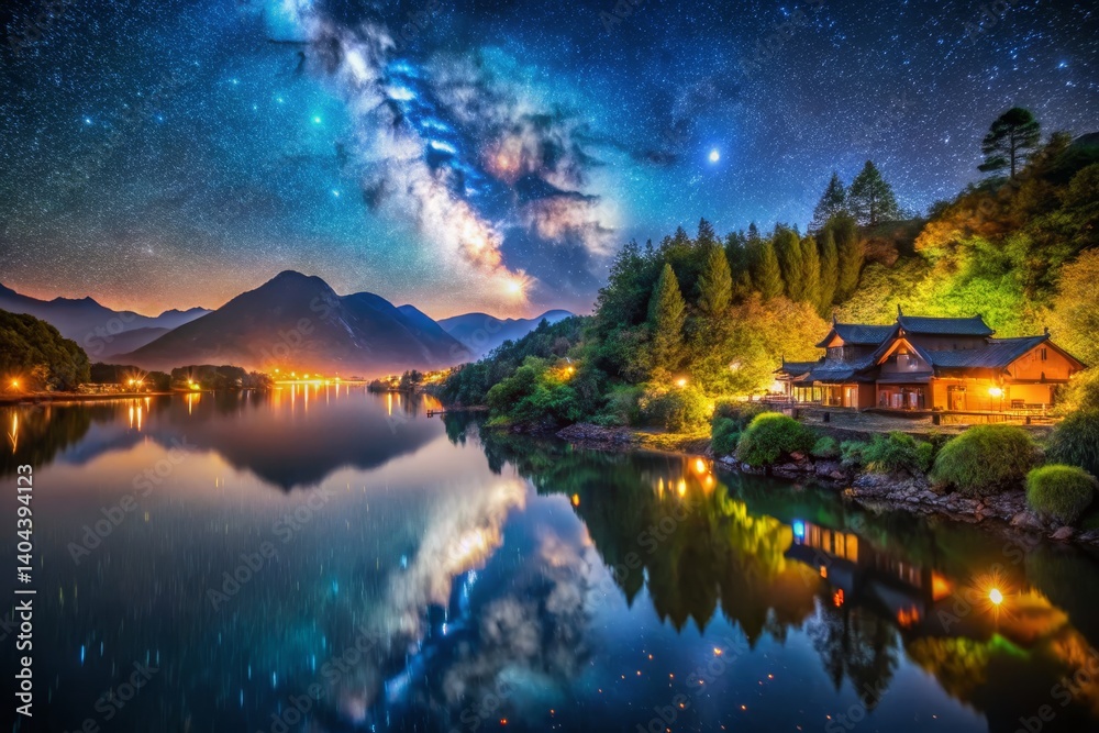 Fototapeta premium Tranquil Lakeside House Under Starry Night Sky