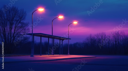 Serene Night Scene with Bus Stop and Violet Sky at Dusk