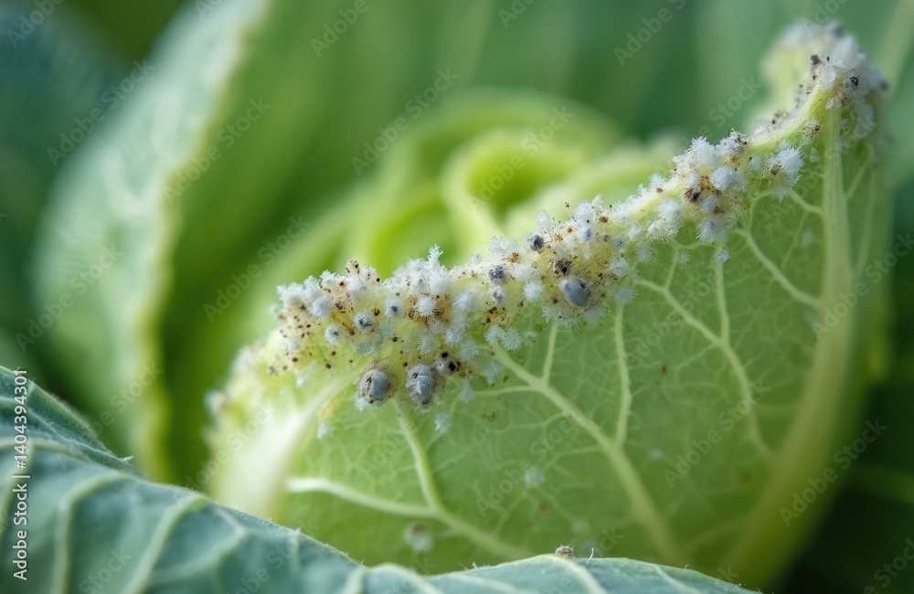 Fototapeta premium Close-up of cabbage leaf infected by whitefly insects. Pests damage vegetable crop in garden. Agriculture, horticulture problems, plant diseases require immediate gardener care.