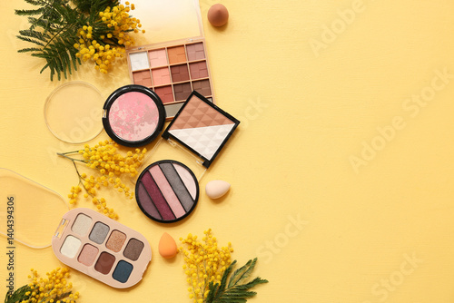 Decorative cosmetics with makeup sponges and mimosa flowers on yellow background
