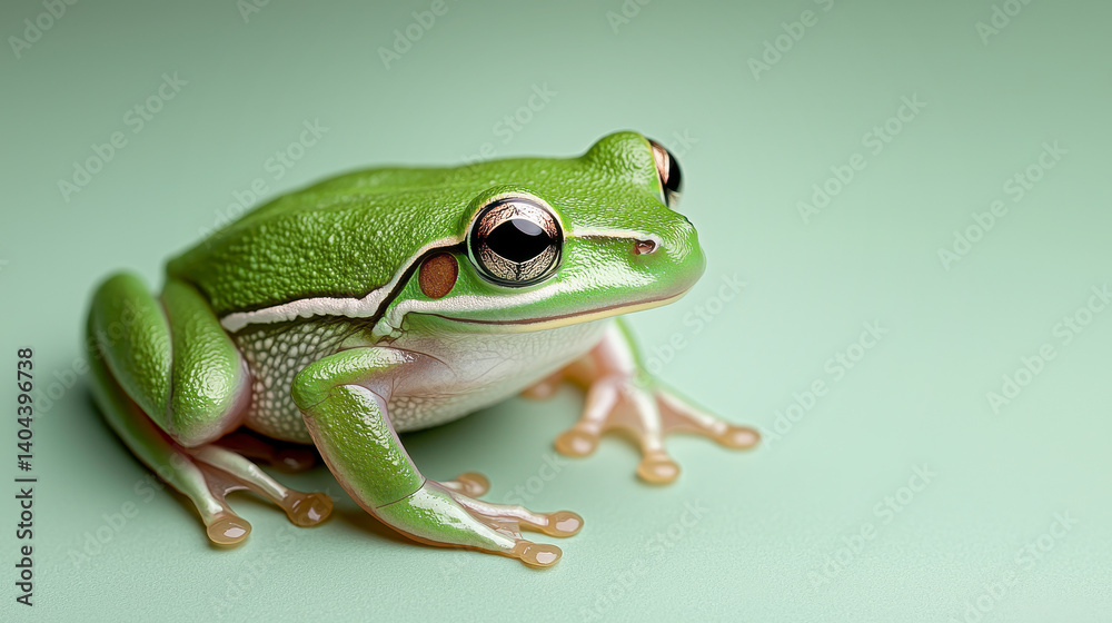 Obraz premium Close Up Of A Green Tree Frog On Pale Green Background