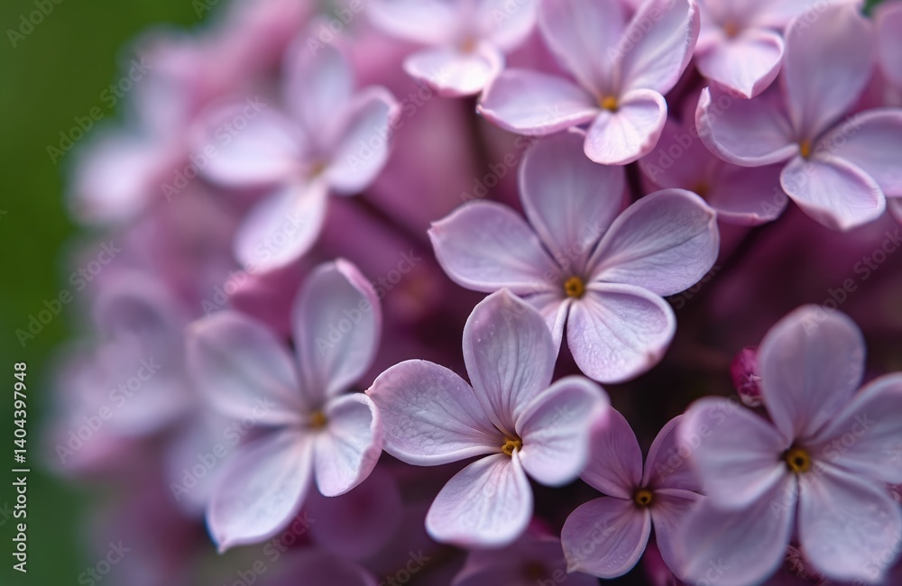 Close-up of blooming lilac flowers. Soft violet petals with yellow centers. Springtime bloom, perfect for romantic design, wedding invitation. Floral background, beauty, nature, fragrance, spa, Close-up of blooming lilac flowers. Soft violet petals with yellow centers. Springtime bloom, perfect for romantic design, wedding invitation. Floral background, beauty, nature, fragrance, spa,
