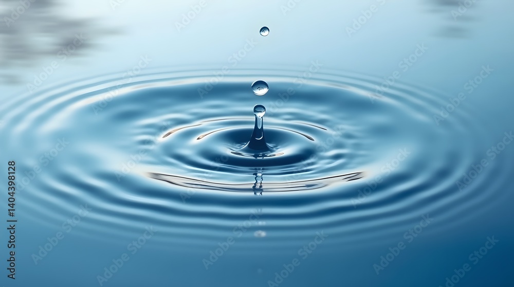 Water drop impact, ripples spread. Serene liquid motion, clear blue. Ideal for purity, tranquility, nature themes. Water drop impact, ripples spread. Serene liquid motion, clear blue. Ideal for purity, tranquility, nature themes.