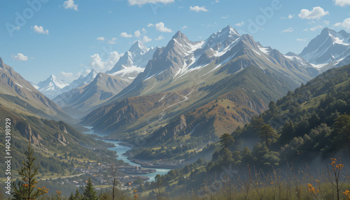 Snow-capped mountain range encompassing a green valley with a meandering river in an untouched natural environment