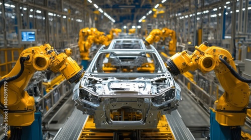 Robotic arms assembling car bodies on assembly line