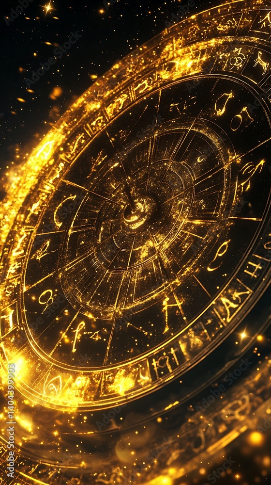 Obraz premium Golden Zodiac Wheel with Glowing Constellations and Mystical Atmosphere