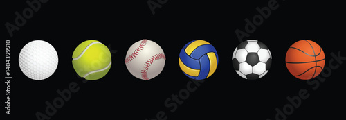 High-quality illustration showcasing six different sports balls including a golf ball, tennis ball, baseball, volleyball, soccer ball, and basketball, aligned in a row - Vector, Eps