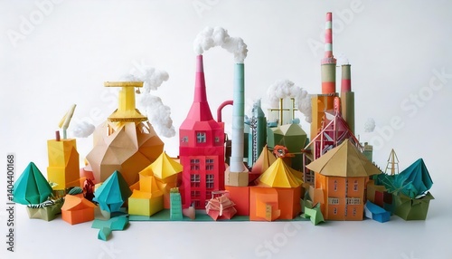 Colorful paper factory model showcasing different manufacturing processes in a vibrant city setting. Generative AI