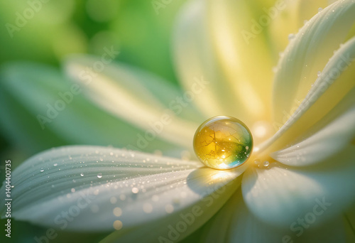 Ethereal Amber Sphere with Reflective Surface Resting on Delicate White Flower Petal with Dewdrops in Macro Photography