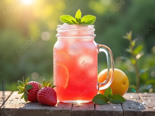 Strawberry Frozen Lemonade with Mint: A cold strawberry frozen lemonade topped with fresh mint leaves, served in a mason jar with a blurry garden summer background.