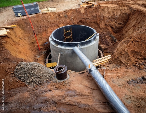 Construction of a large underground tank in a residential area during daylight with surrounding earthwork and equipment visible. Generative AI