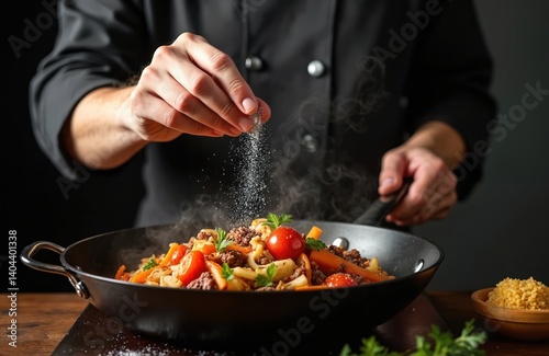 Chef adds salt pan with prepared dish. Fresh vegetables cherry tomatoes, herbs, pasta dish, hot steam. Professional cooking, gourmet cuisine, hotel food service.