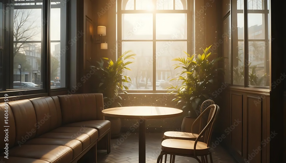 Inviting cafe interior with soft sunlight and comfortable seating concept Inviting cafe interior with soft sunlight and comfortable seating concept