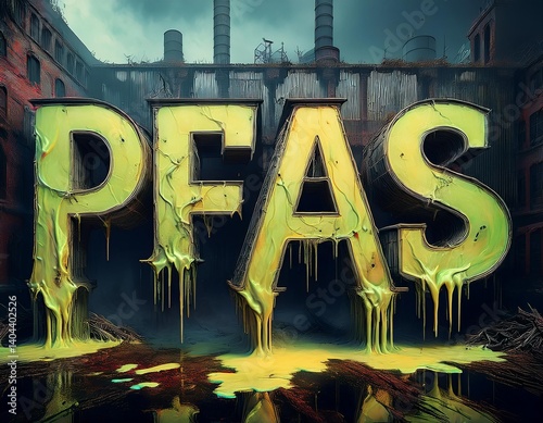 Environmental hazard of PFAS contamination displayed in a neglected industrial area with eerie atmosphere and toxic waste. Generative AI