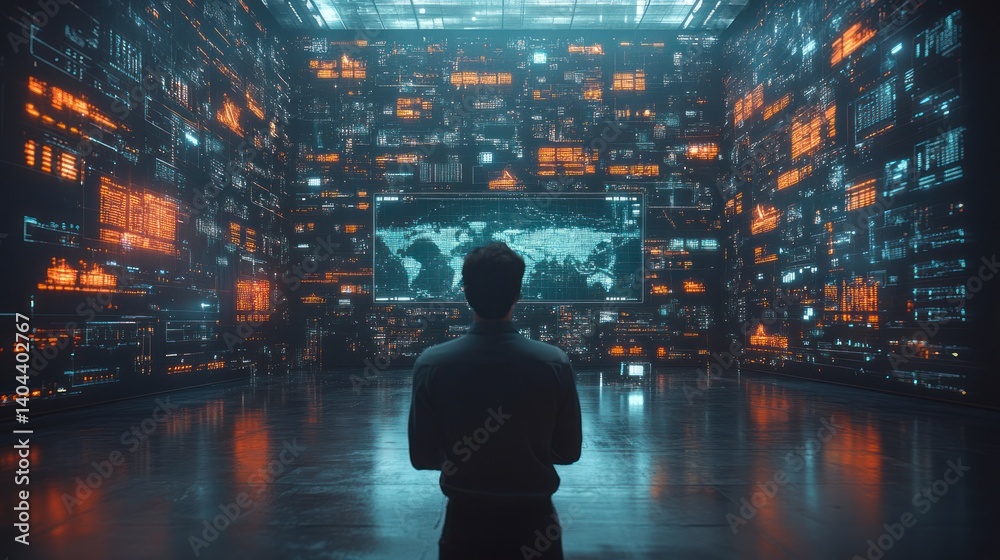 Fototapeta premium Surrounded by Data: A Man Contemplates Global Information