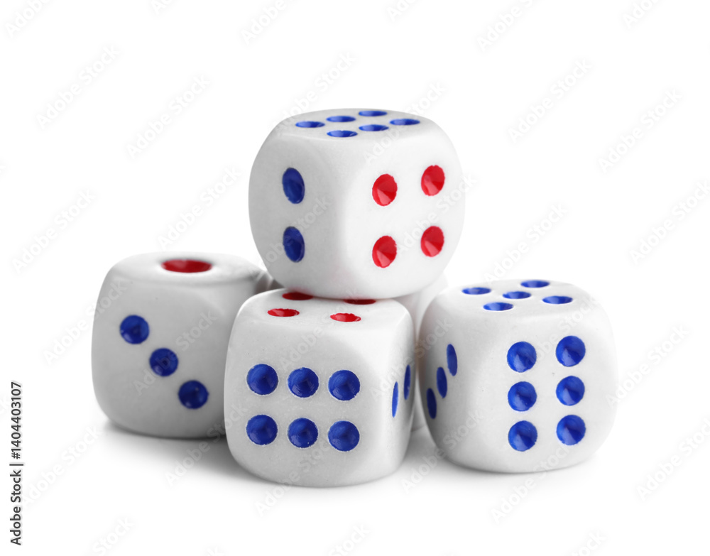 Dices with red and blue pips on white background Dices with red and blue pips on white background