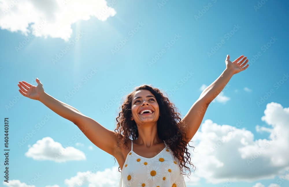 Happy Spanish woman with curly hair raises arms towards blue sky. Smiling girl expresses joy, happiness. Concept freedom, well-being, thankful for every day. Enjoy life, peace, harmony with nature. Happy Spanish woman with curly hair raises arms towards blue sky. Smiling girl expresses joy, happiness. Concept freedom, well-being, thankful for every day. Enjoy life, peace, harmony with nature.