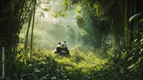 Giant Panda in Serene Bamboo Forest, Bathed in Sunlight, Habitat Preservation photo