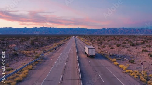 White Semi-Truck Driving on a Multi-Lane Highway. Rear View of a Semi-Truck Traveling on a Highway at Dusk Landscape View