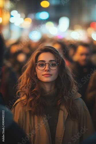 Woman standing in a crowd with neutral expression, everything else blurred to represent disconnection and anxiety