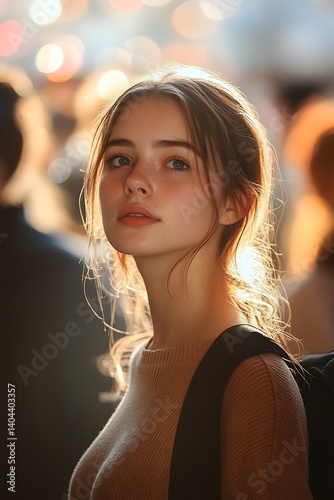 Woman standing in a crowd with neutral expression, everything else blurred to represent disconnection and anxiety