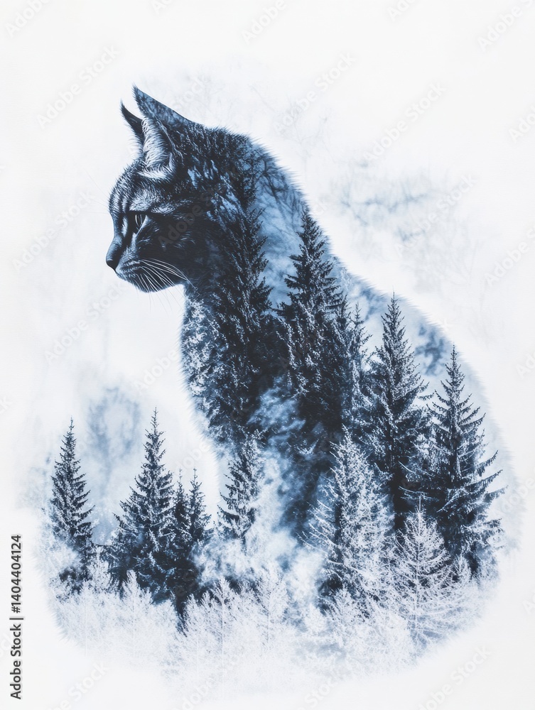 Creative silhouette of a cat formed by twilight pines and snow-covered peaks in a serene, quiet wild setting