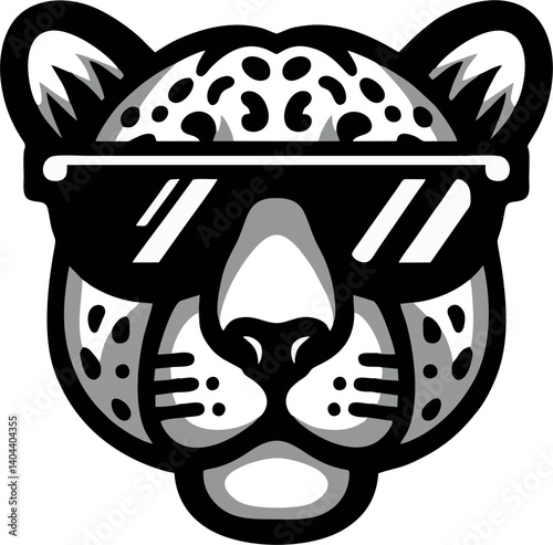 Stylized illustration of a leopard wearing sunglasses, featuring bold black and white lines and patterns.