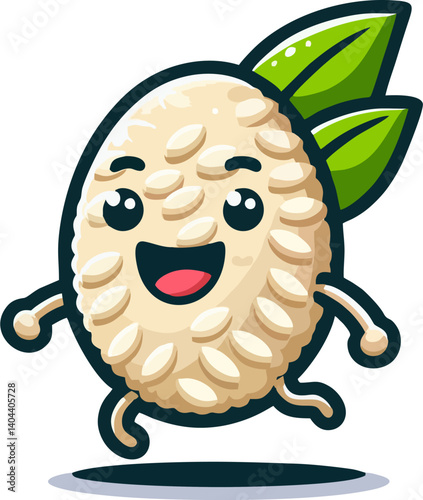 Cute cartoon rice grain character with a happy face and green leaves, jumping joyfully.