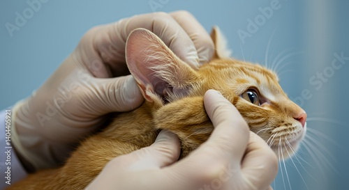 Veterinarian Examining Orange Tabby Cat's Ear with Powdery Substance