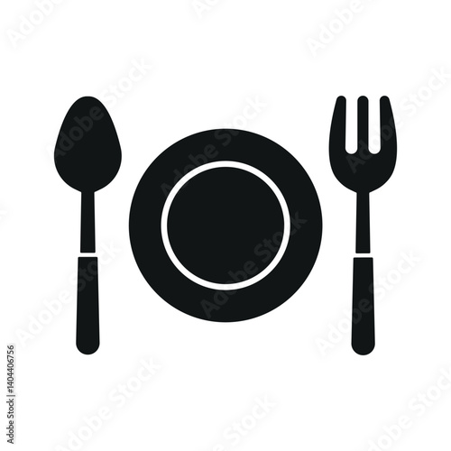Spoon, fork, and plate icon symbolizes mealtime essentials, table setting, and everyday dining moments.